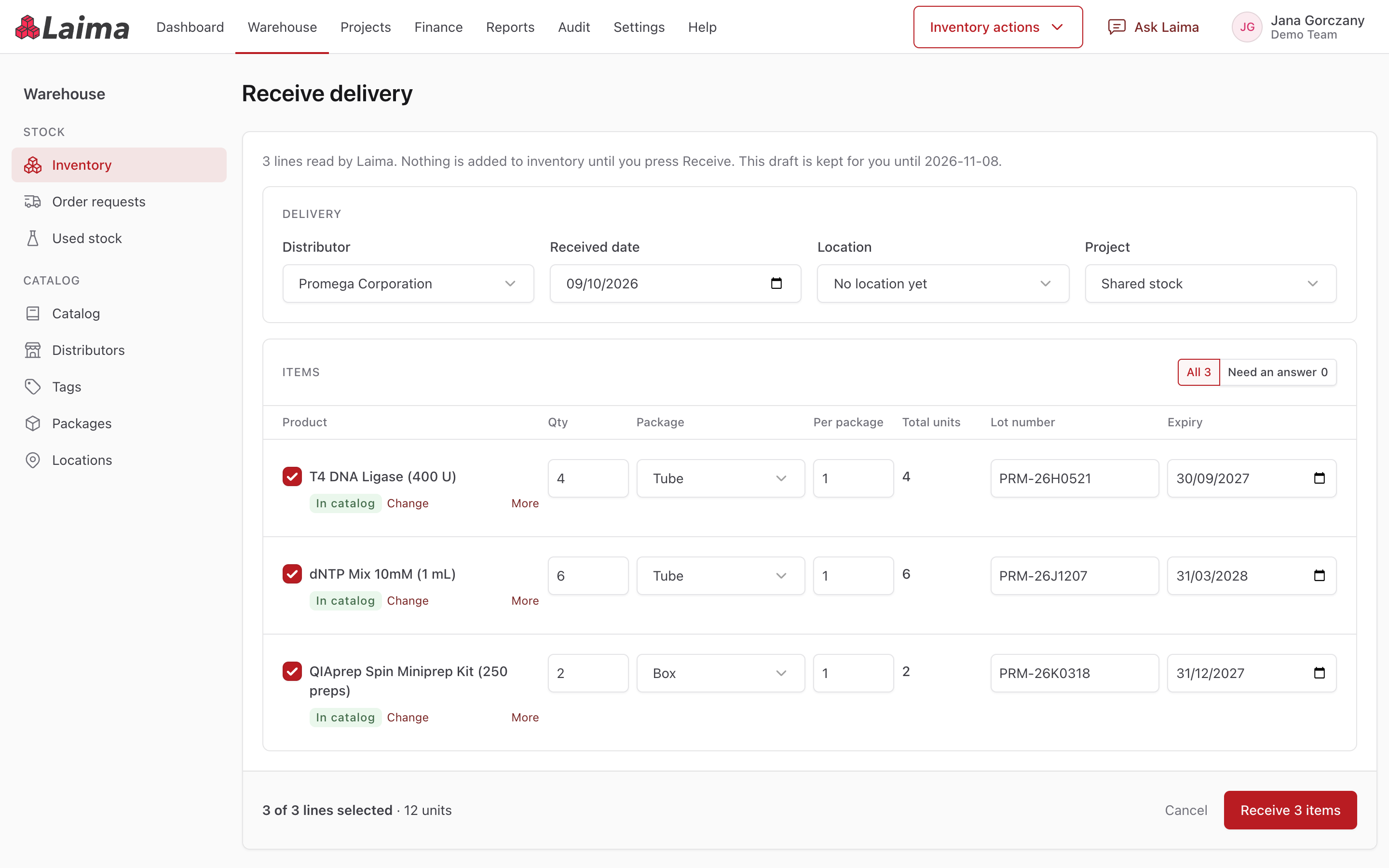 Delivery details read from a file, ready to check before pressing Receive