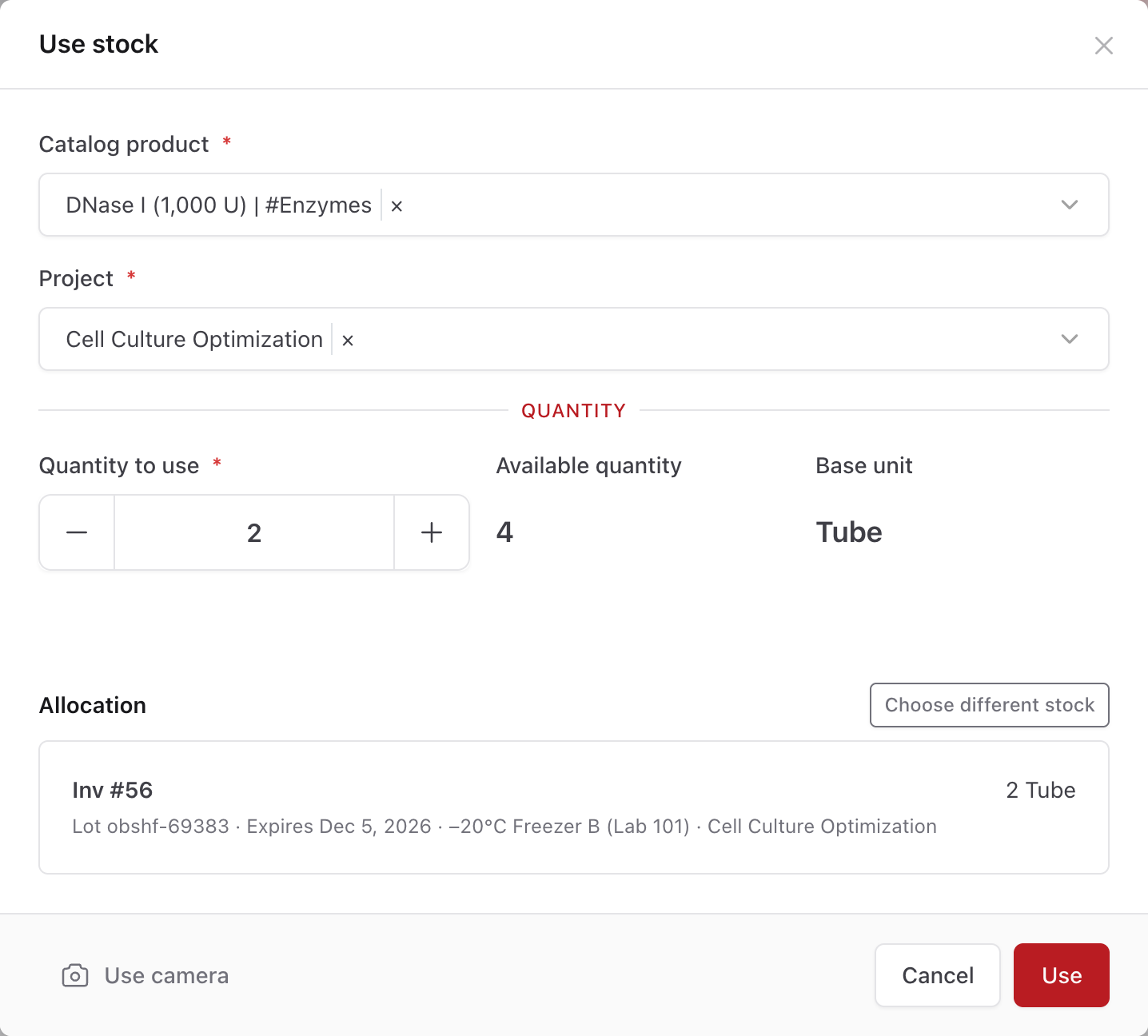 Use stock dialog for DNase I with the project, quantity, and the allocated lot, expiry date, and freezer