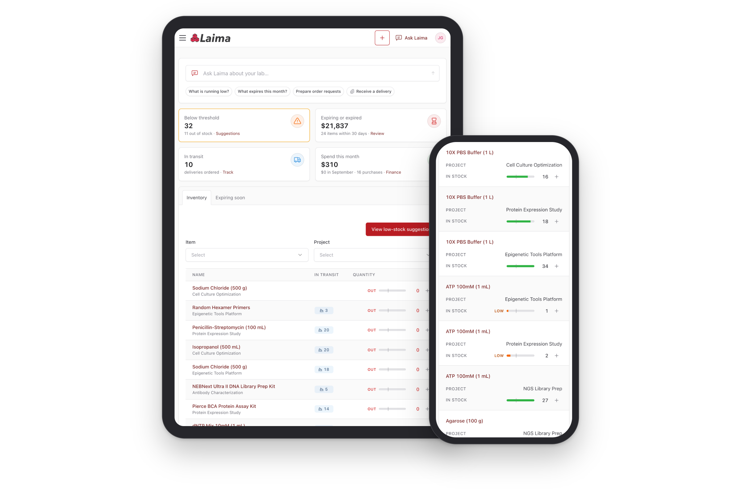 Laima dashboard on an iPad and the inventory list on an iPhone