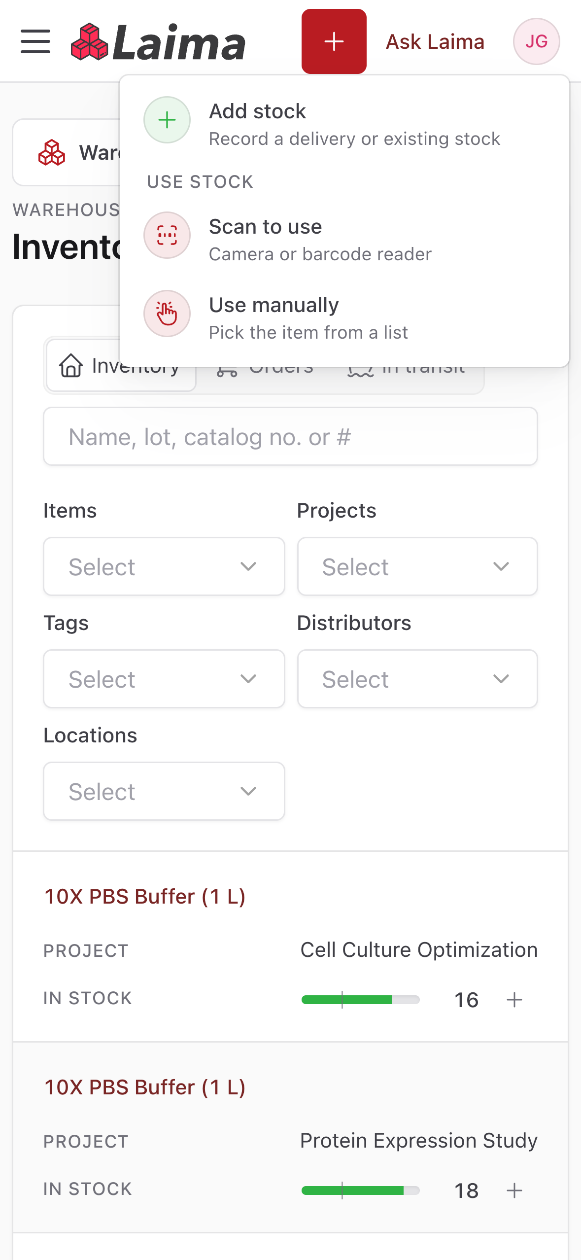 Inventory actions menu on a phone with Add stock, Scan to use, and Use manually